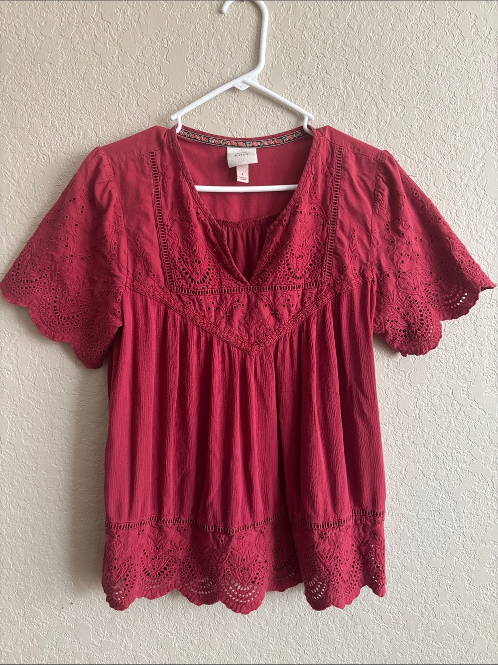 Knox Rose Red Eyelet V-Neck Boho Peasant Blouse